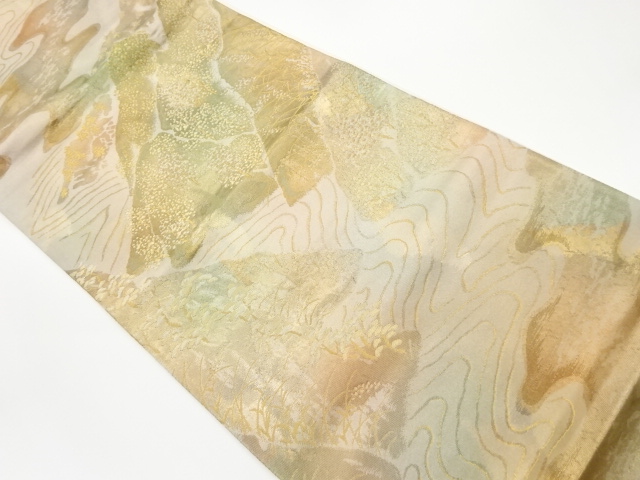 いづくら製　引箔山並みに流水模様織出し袋帯